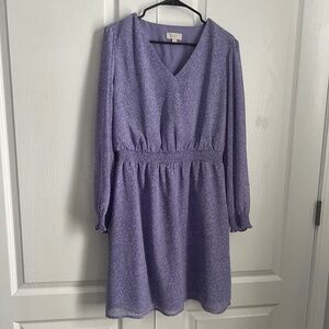 LOFT Lavender Purple Floral Print Long Sleeve Cinch Waist V Neck Dress